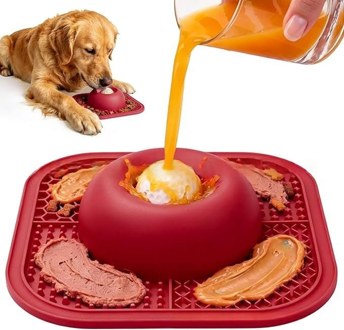Red SlowBowl pet slow feeder bowl for dogs — bold colour variant top view showing slow feeder maze design