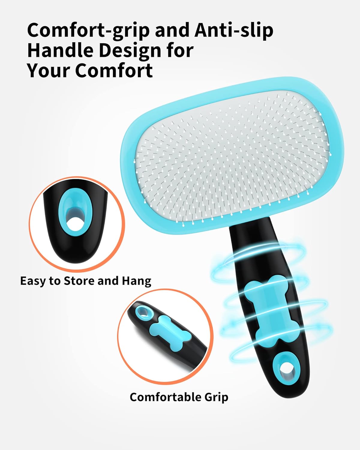 Anti-slip rubber handle on self-cleaning pet grooming brush