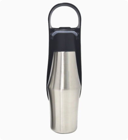 Black AquaLeaf 750ml stainless steel dog water bottle with silicone leaf bowl folded flat for travel