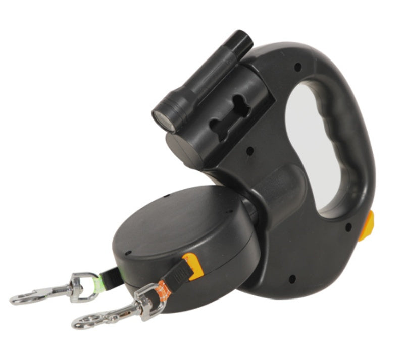 Black DualWalk LED retractable dual pet leash – classic ergonomic handle