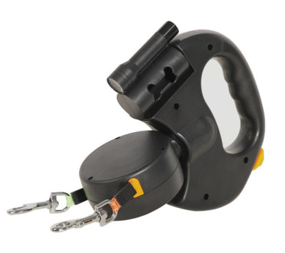 Black DualWalk LED retractable dual pet leash – classic ergonomic handle