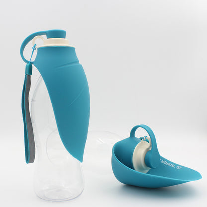 Blue FlipSip portable cat and dog water bottle with flip-open drinking cup, 580ml capacity