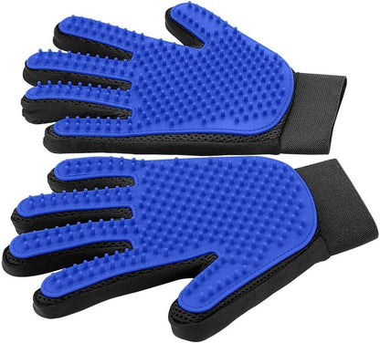 Blue GripGroom silicone pet grooming glove front view on white background — 255 grooming tips for dogs and cats

