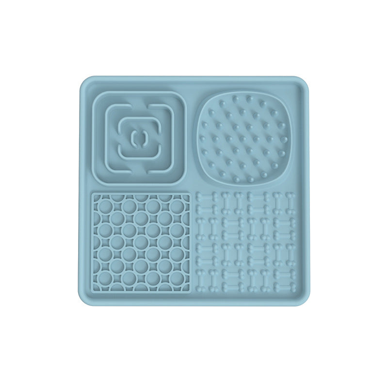 Blue square PawPace slow feeder mat with peanut butter or wet food for dogs
