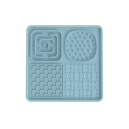 Blue square PawPace slow feeder mat with peanut butter or wet food for dogs