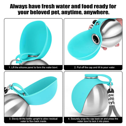 Dog drinking from stainless steel water bottle with silicone bowl on walk