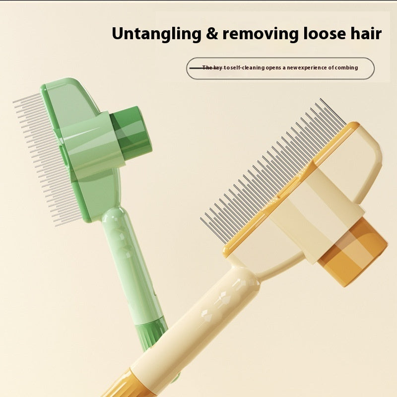 EasyGroom self-cleaning pet comb showing self-clean button being pressed to release collected pet fur — mess-free grooming

