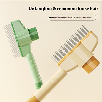 EasyGroom self-cleaning pet comb showing self-clean button being pressed to release collected pet fur — mess-free grooming

