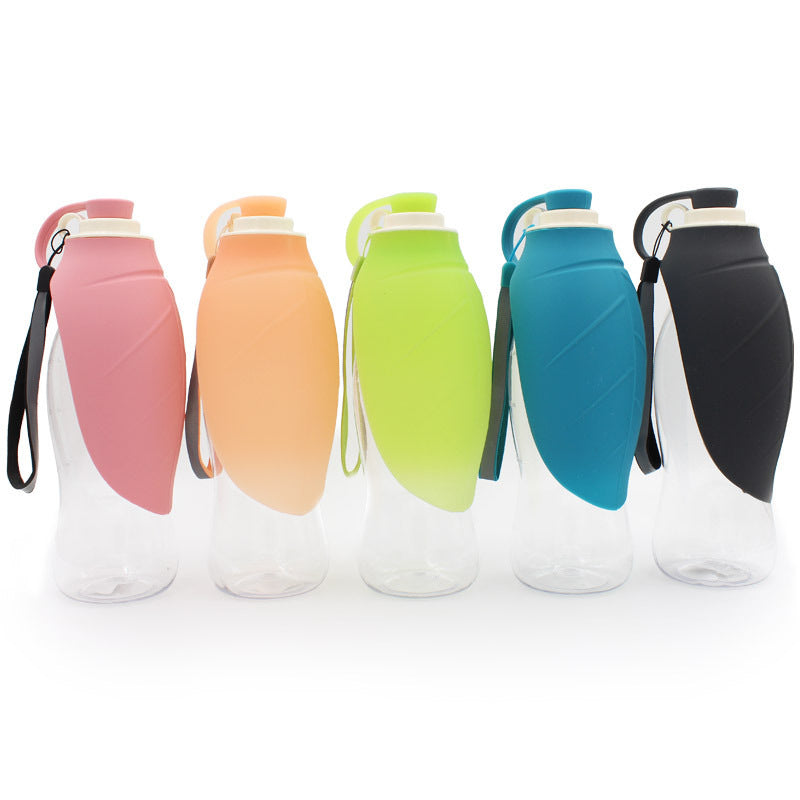 FlipSip 580ml flip-cup pet water bottle open lid showing built-in drinking cup for dogs and cats