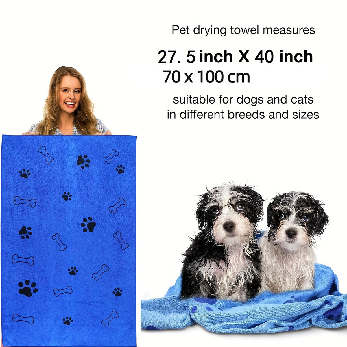 FluffDry pet bath towel 60x100cm size reference next to hand — fits small to medium pets

