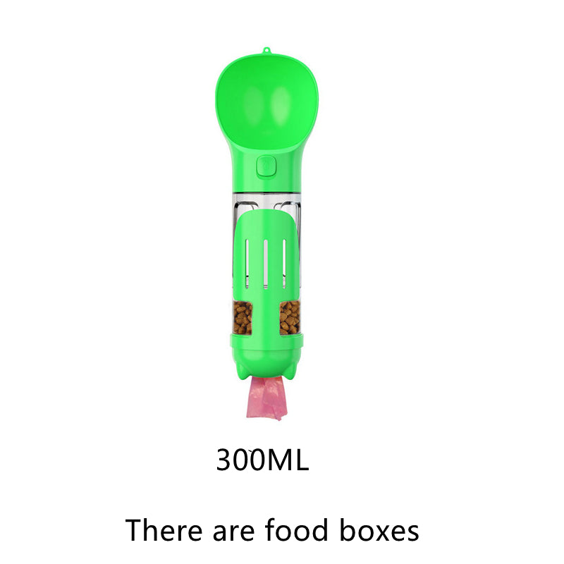 Green 300ml pet water bottle with food box combo showing detachable food container and waste bag compartment
