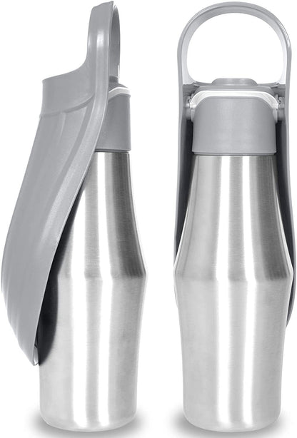Grey AquaLeaf portable stainless steel pet water bottle with leak-proof silicone seal for dogs and cats