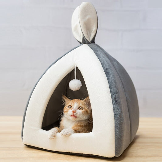 Grey rabbit ear pet nest bed for cats and dogs – plush Arctic velvet