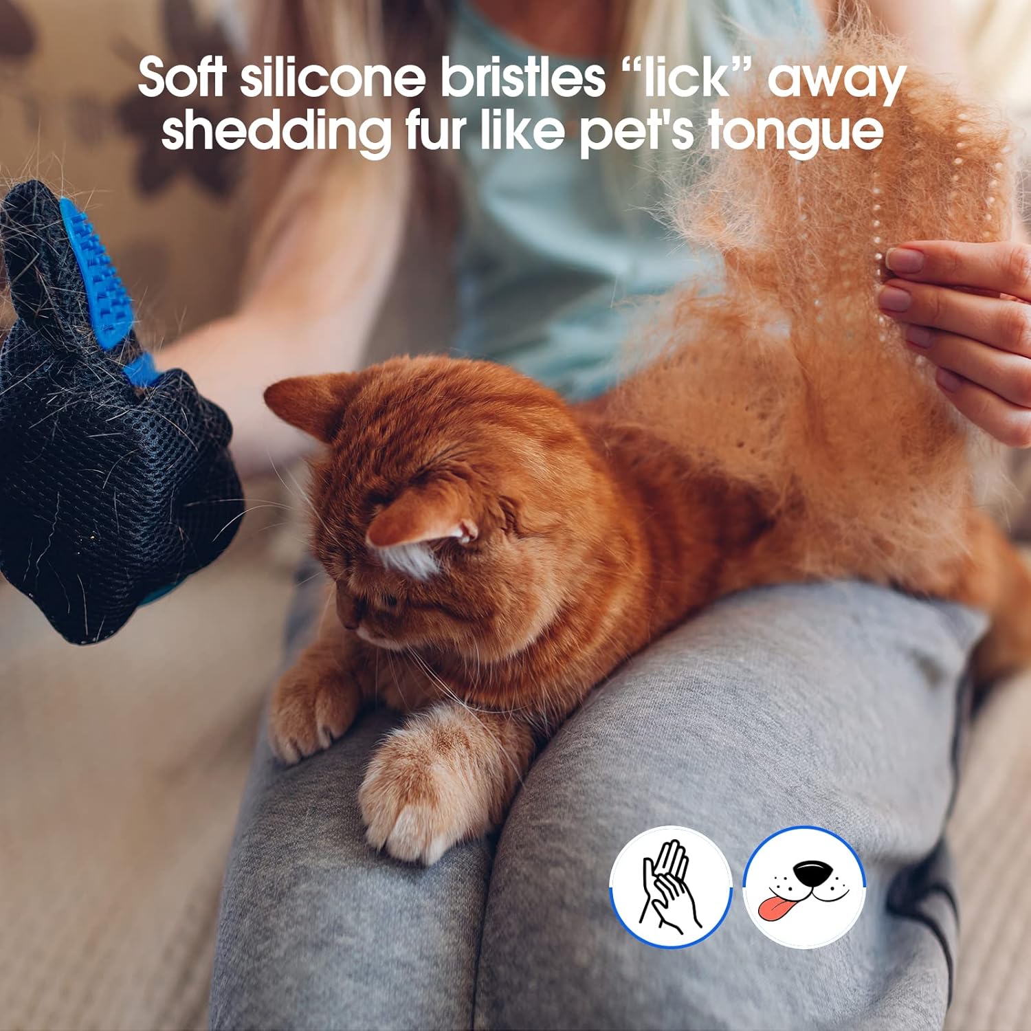 GripGroom pet grooming glove showing 255 silicone tips close-up — gentle on all coat types

