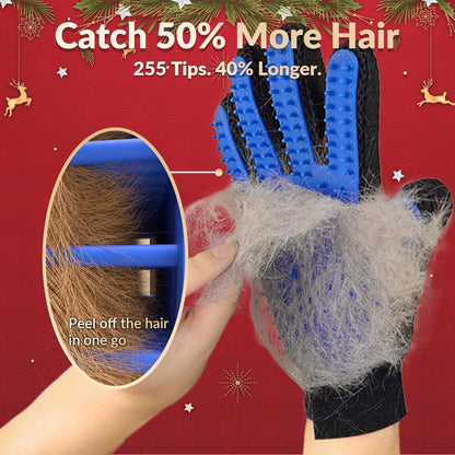 GripGroom pet grooming glove size reference next to hand — one size fits all with adjustable wrist strap

