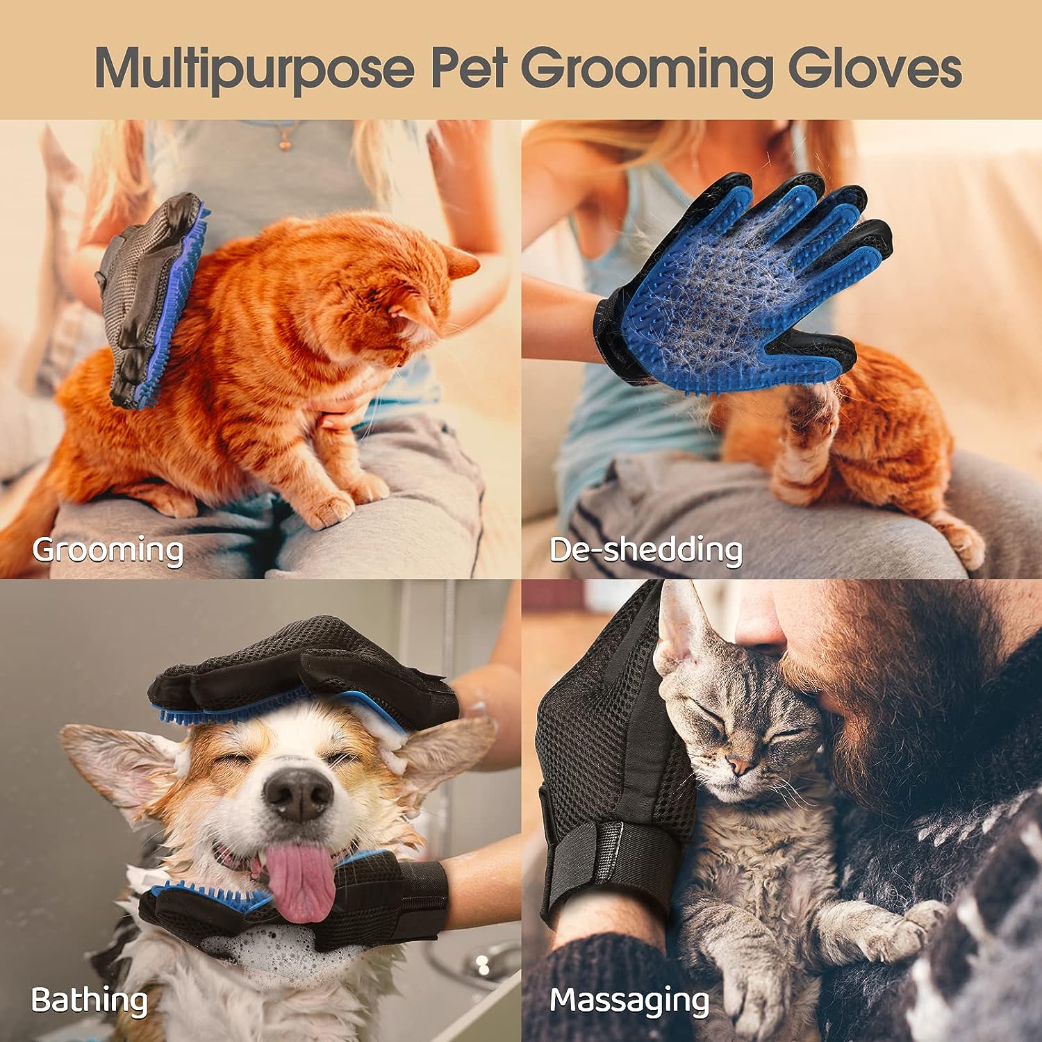 GripGroom silicone grooming glove worn on hand showing five-finger design and adjustable wrist strap


