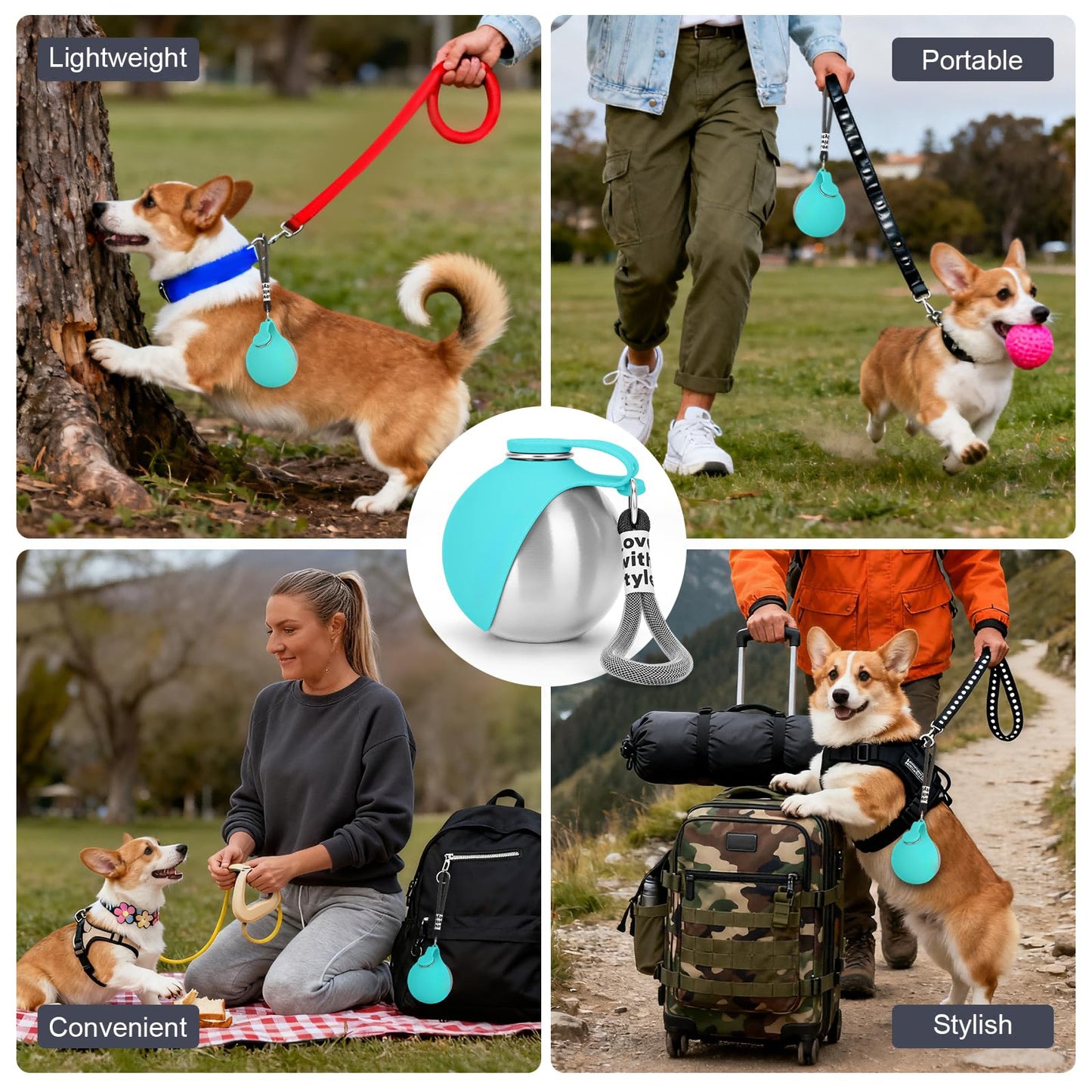 Leak-proof stainless steel dog water bottle clipped to bag with carry rope