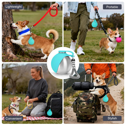 Leak-proof stainless steel dog water bottle clipped to bag with carry rope
