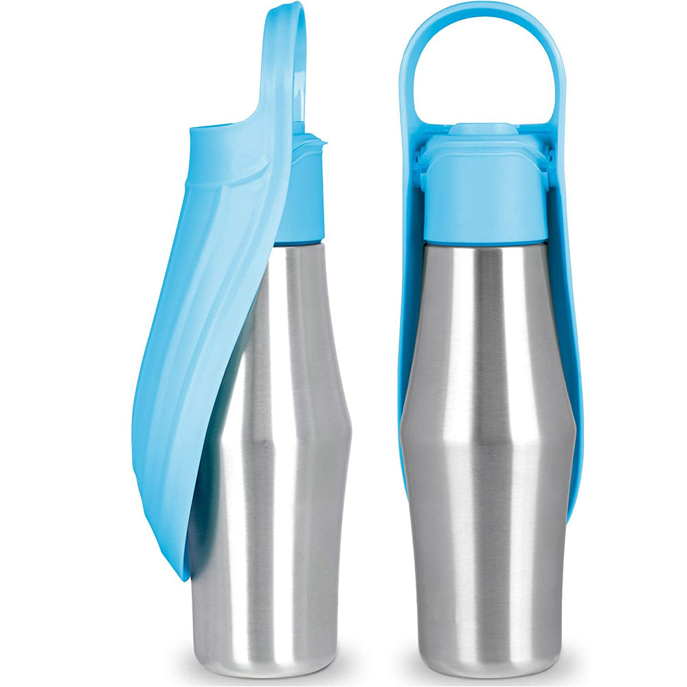 Light blue AquaLeaf portable dog and cat water bottle with BPA-free silicone bowl for hikes and road trips
