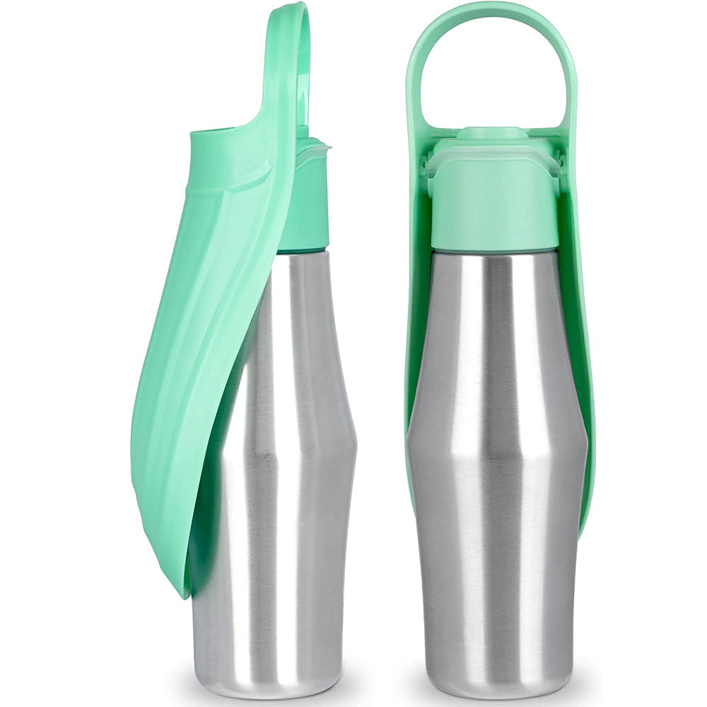 Light green AquaLeaf stainless steel pet water bottle showing quick-release button and recyclable water system