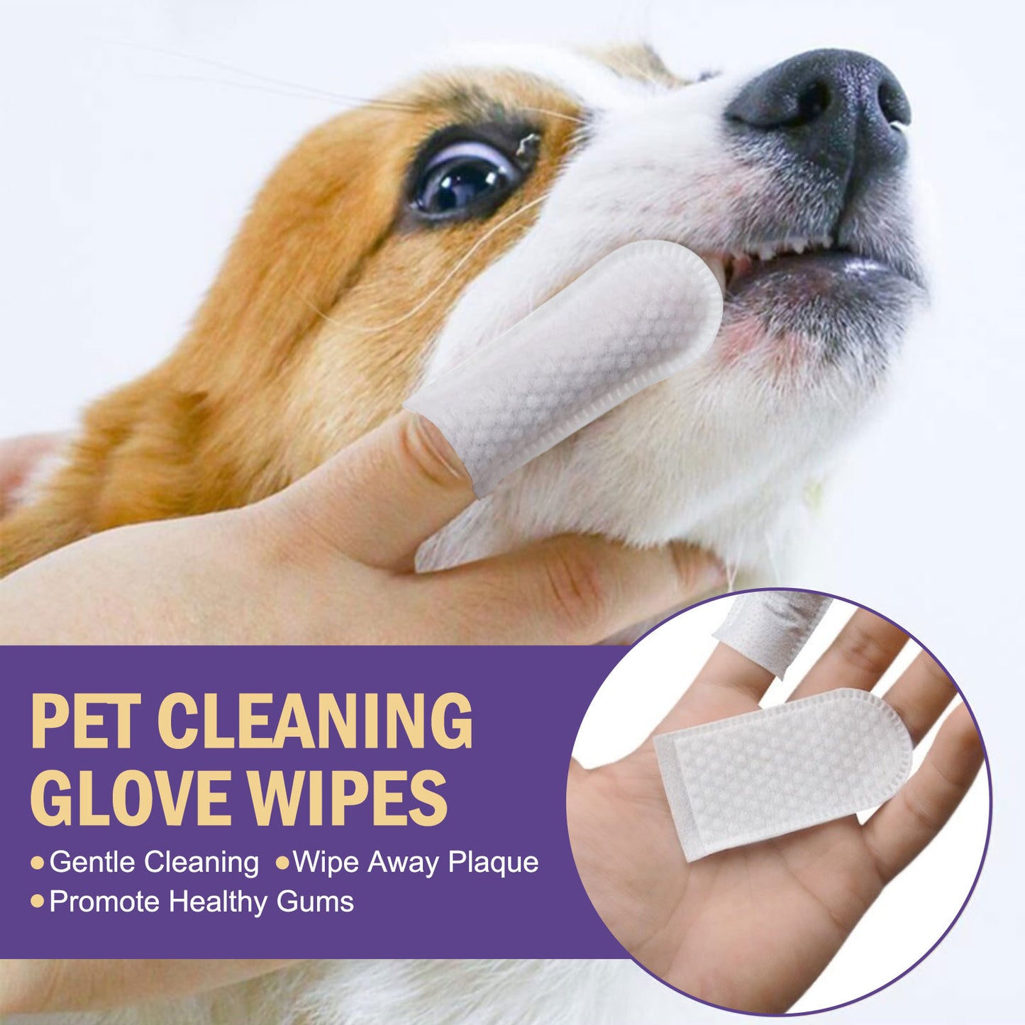 PawFresh dental wipe removing plaque and tartar from dog's gum line — daily oral care for all pets

