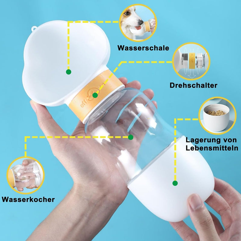 PawGo 2-in-1 dog bottle food compartment open showing dry kibble storage
