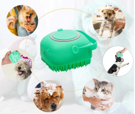 Pet owner using ScrubPaw silicone brush to wash dog in bath — deep lather massage for all pets

