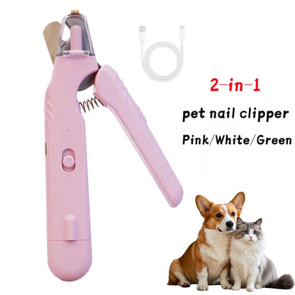Pink LED pet nail clipper with built-in grinder for home grooming