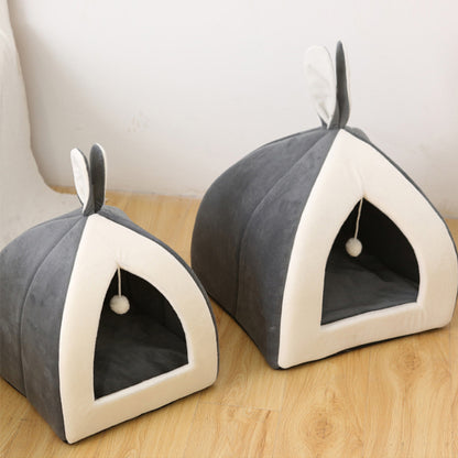 Rabbit ear pet nest bed in grey and pink – available in S, M, L, XL