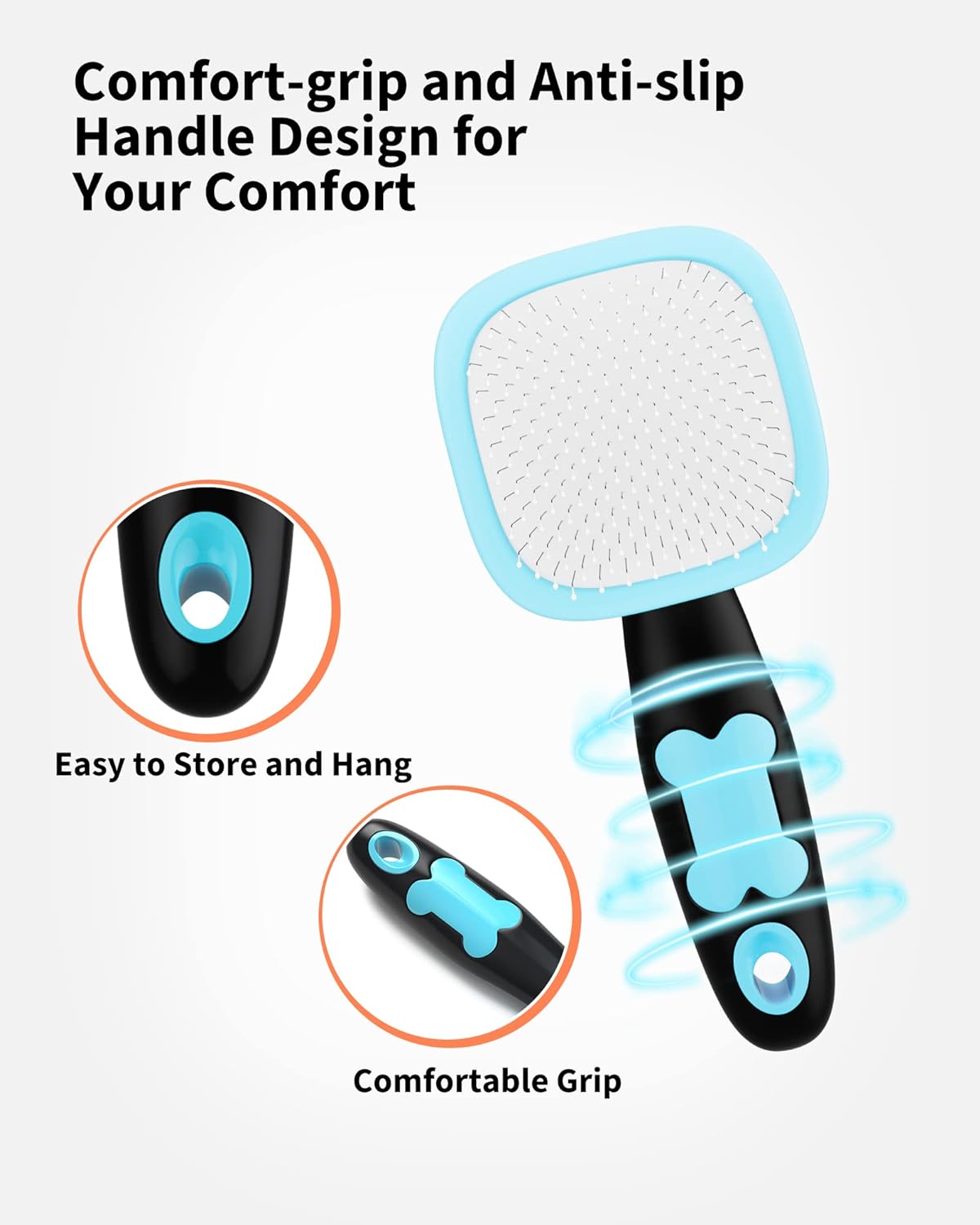 Rotatable head on self-cleaning slicker brush flexing to pet body contours