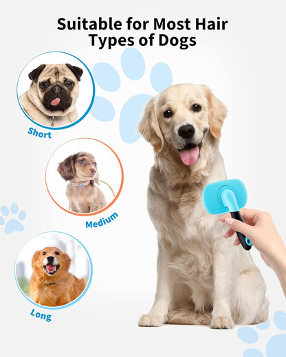 Self-cleaning slicker brush removing loose fur from dog coat