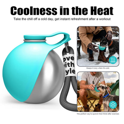 Stainless steel dog water bottle fitting into car cup holder