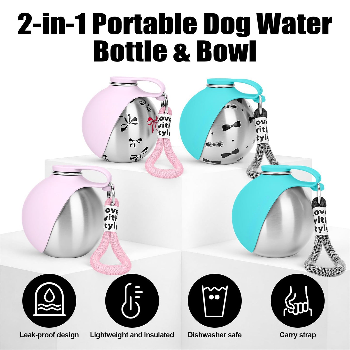 Stainless steel dog water bottle used as food bowl for dry kibble on the go