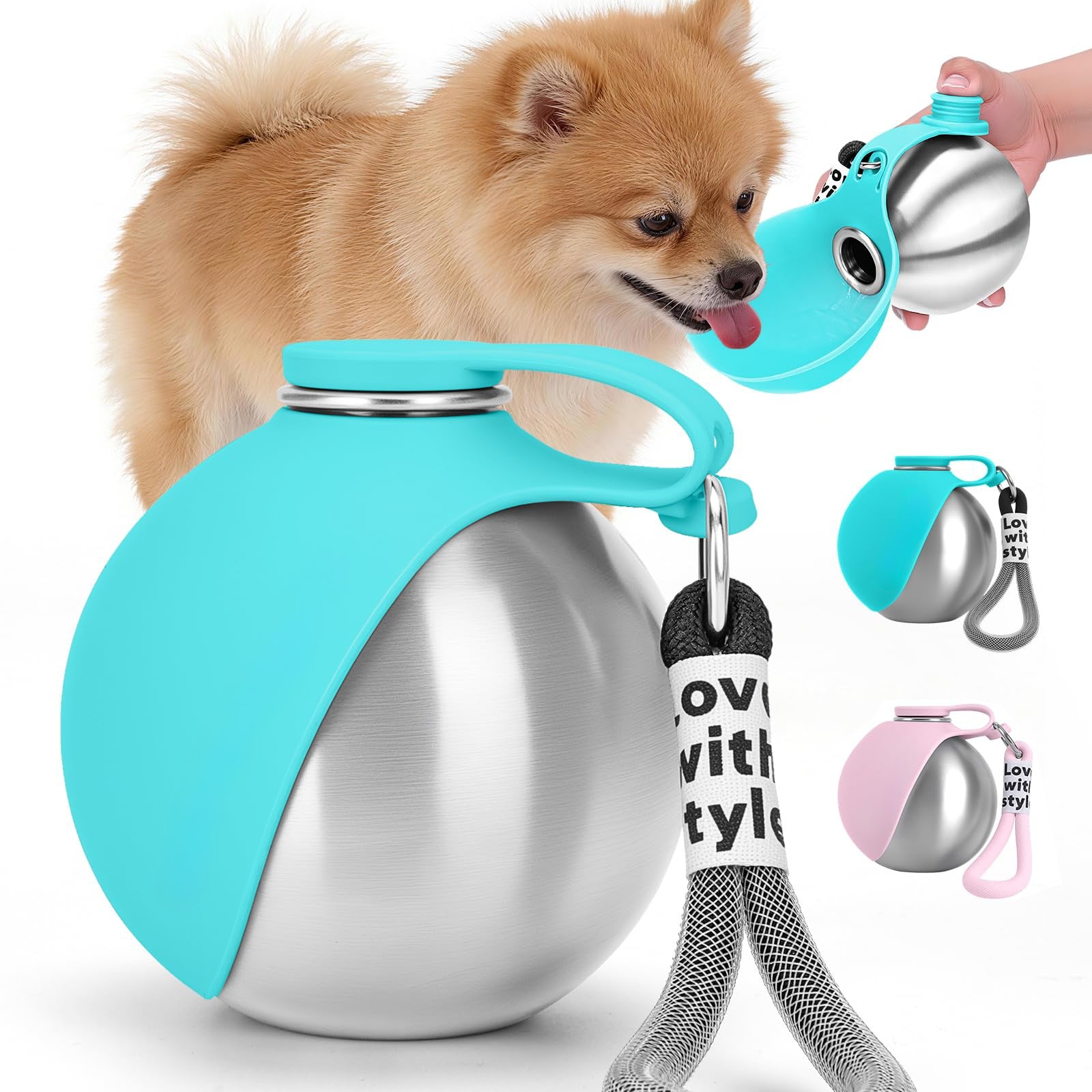 Stainless steel dog water bottle with silicone bowl – blue and pink colour options