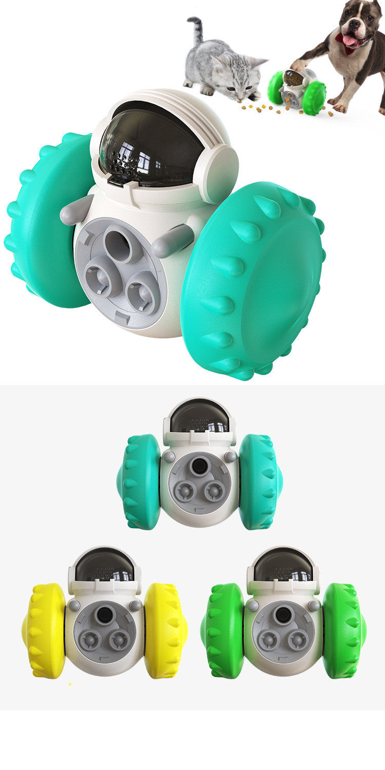 WobbleTreat pet tumbler toy in use with dog pawing treat dispenser — boredom relief and brain enrichment

