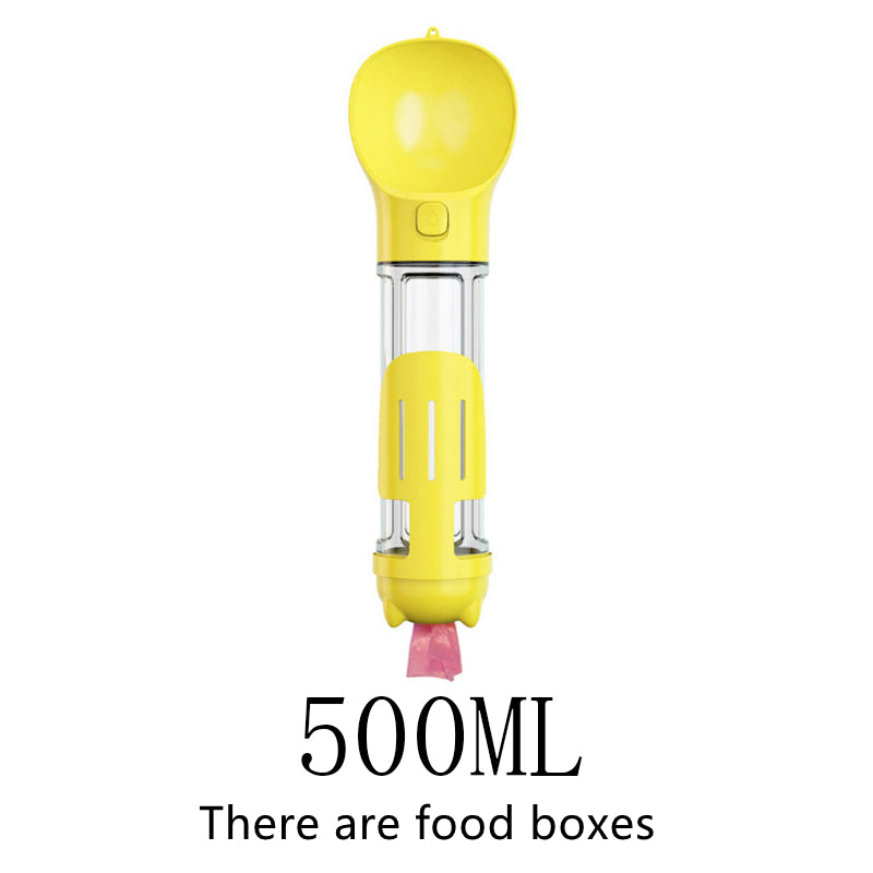 Yellow 500ml portable pet water bottle with food box attachment for treats and dry food on the go