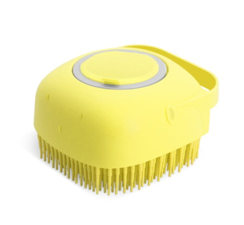 Yellow ScrubPaw silicone pet bath brush front view on white background — soft bristles for dogs and cats

